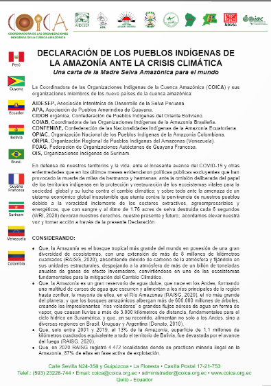 DECLARACIÓN DE LOS PUEBLOS INDÍGENAS DE LA AMAZONÍA ANTE LA CRISIS CLIMÁTICA - Una carta de la Madre Selva Amazónica para el mundo
