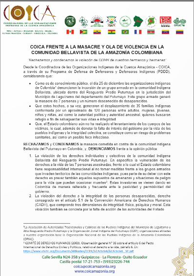 COICA FRENTE A LA MASACRE Y OLA DE VIOLENCIA EN LA COMUNIDAD BELLAVISTA DE LA AMAZONÍA COLOMBIANA