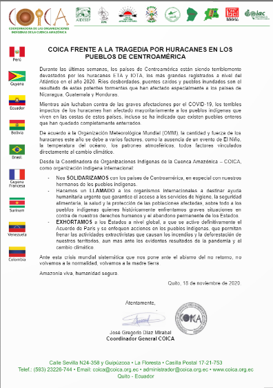 COICA FRENTE A LA TRAGEDIA POR HURACANES EN LOS PUEBLOS DE CENTROAMÉRICA