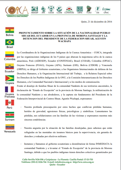 PRONUNCIAMIENTO SOBRE LA SITUACIÓN DE LA NACIONALIDAD PUEBLO SHUAR DEL ECUADOR EN LA PROVINCIA DE MORONA SANTIAGO Y LA DETENCION DEL PRESIDENTE DE LA FEDERACIÓN SHUAR, AGUSTIN WACHAPÁ.​