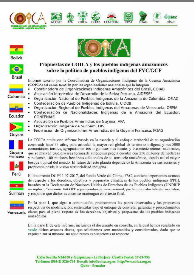 Propuesta de COICA y los pueblos indígenas amazónicos sobre la política de pueblos indígenas FVC/ GCF