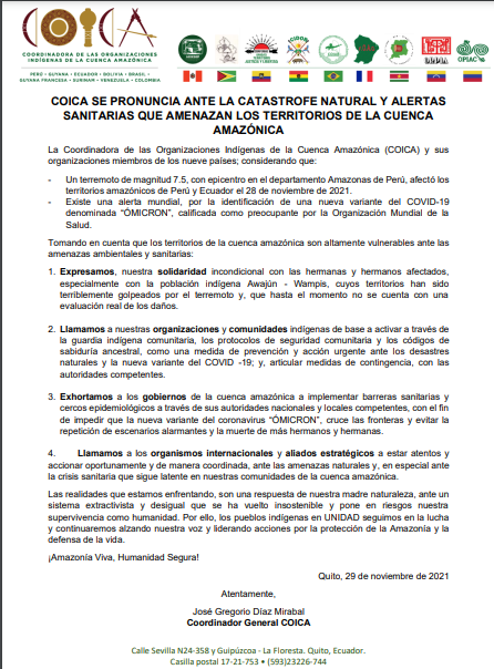 COICA SE PRONUNCIA ANTE LA CATASTROFE NATURAL Y ALERTAS SANITARIAS QUE AMENAZAN LOS TERRITORIOS DE LA CUENCA AMAZÓNICA