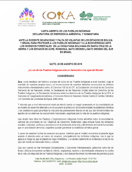Carta abierta de los pueblos indígenas declaratoria de emergencia ambiental y humanitaria.
