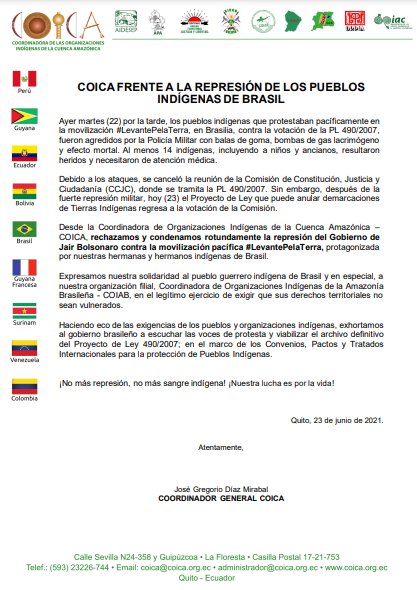 COICA FRENTE A LA REPRESIÓN DE LOS PUEBLOS INDÍGENAS DE BRASIL