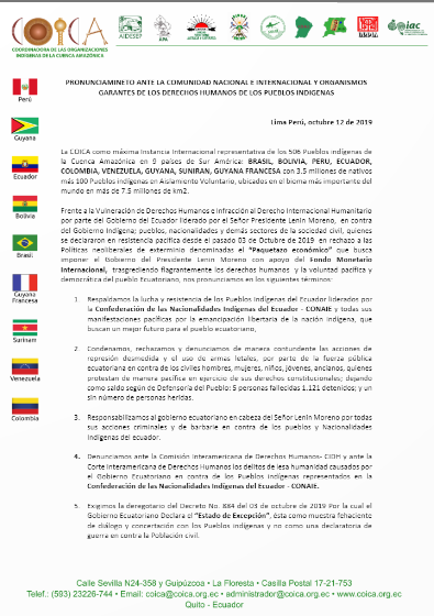 Pronunciamineto ante la comunidad nacional e internacional y organismos garantes de los derechos humanos de los pueblos indígenas